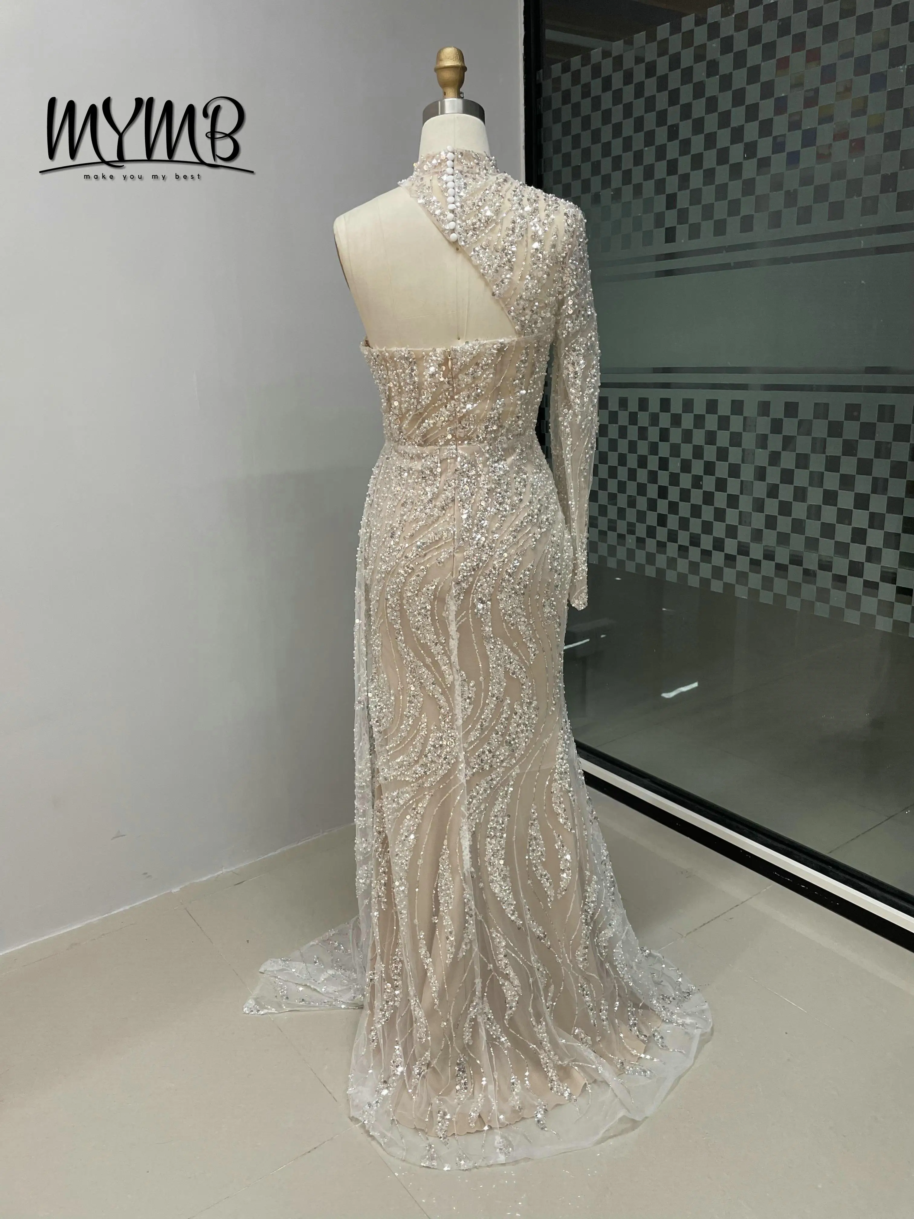 MYMB Stilvolles One-Shoulder-Meerjungfrau-Abschlussballkleid mit Schlitz, individuelles Langarm-Hochzeitskleid in Übergröße für Frauen MY30033