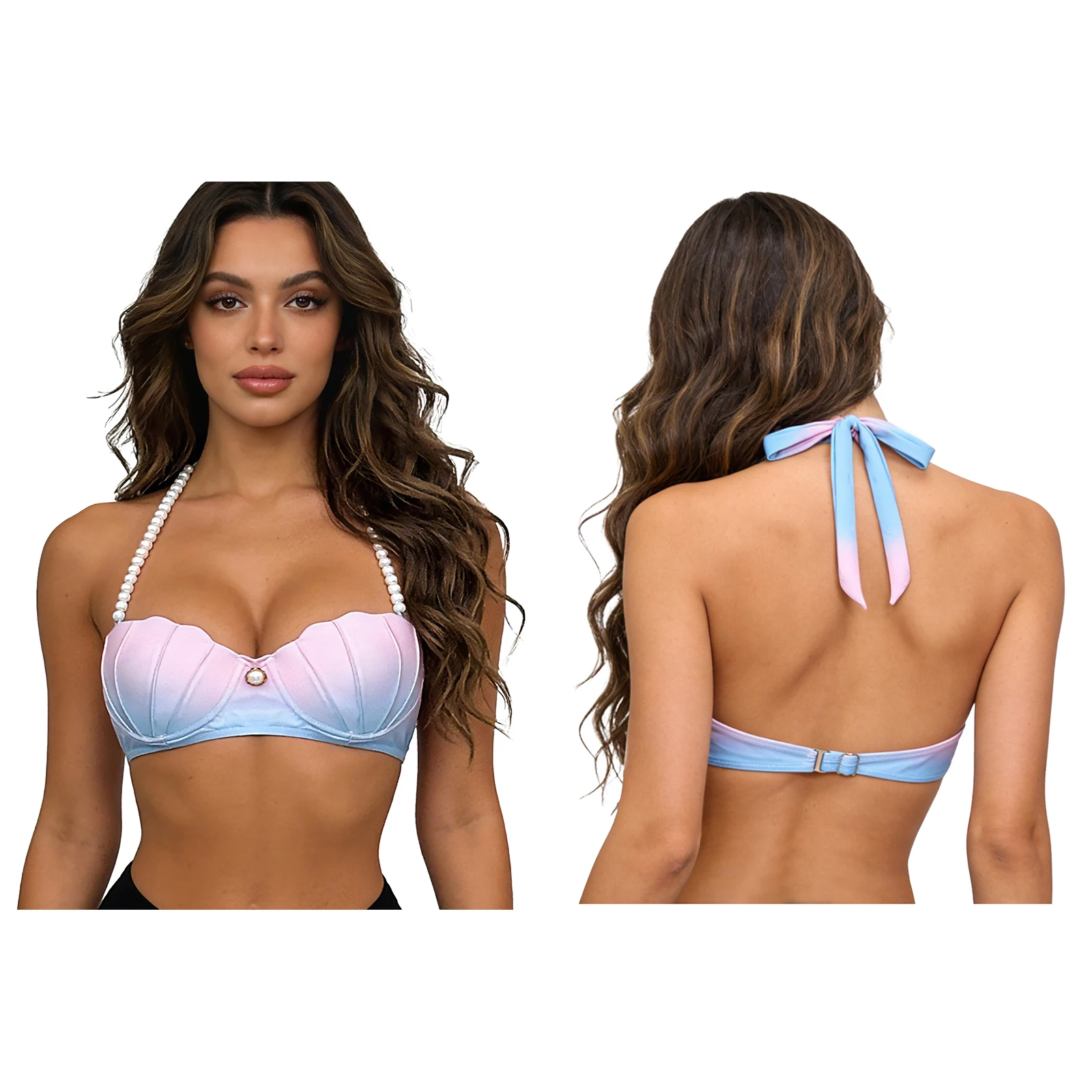 Women Halter Push-up Underwire Shell Shape Cup Swim Bra Bikini Swimwear for Beach Pool Sunbathing Halloween Mermaid Theme Party