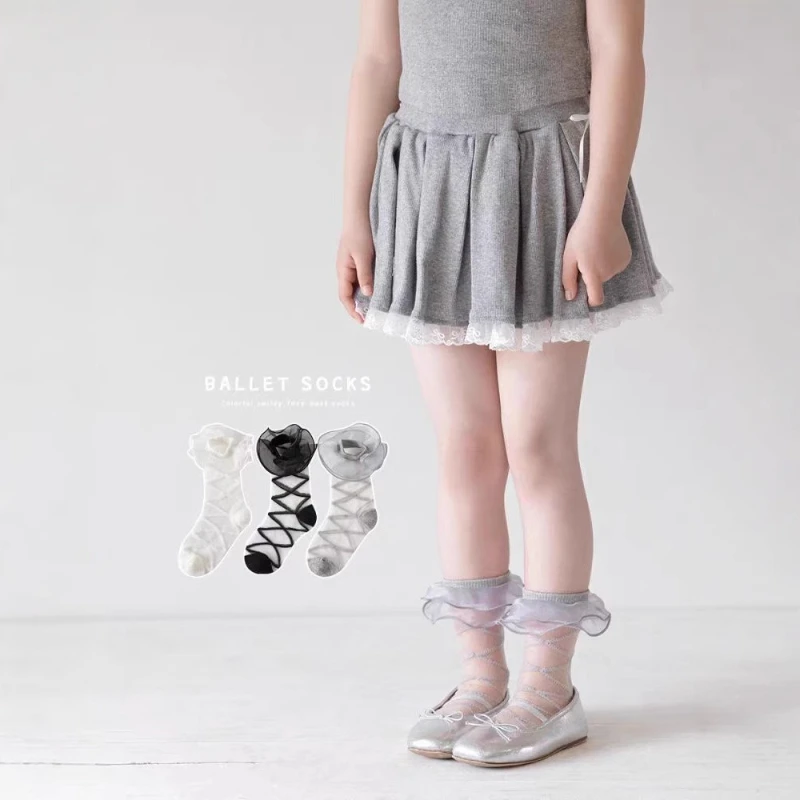 Sweet Lovely Girls Lolita Socks 2026 Summer New Kids Lace Long Socks Simple Versatile Glass Fiber Girls Mid Tube Socks Wholesale