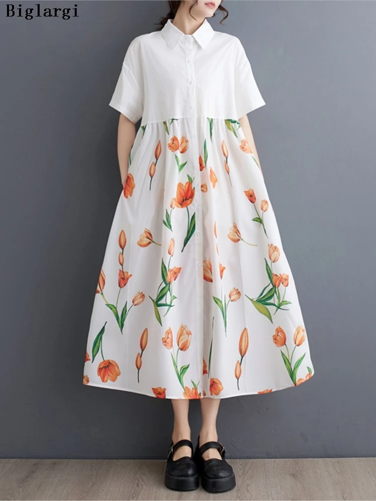 

Oversized Summer Shirts Dress Women Flower Floral Print Fashion Ruffle Pleated Ladies Shirts Dresses Loose Woman A-Line Dress