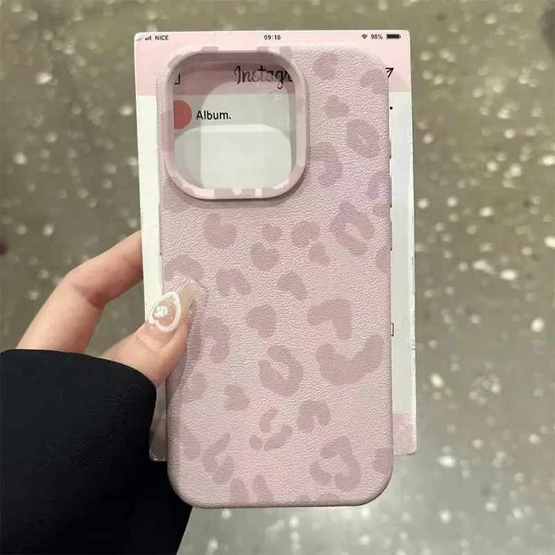 Pour iPhone 17 16 15 14 Plus 13 12 11 Pro Max étui rose imprimé léopard motif Lichee pour iPhone X XR 16 Plus couverture en Silicone souple