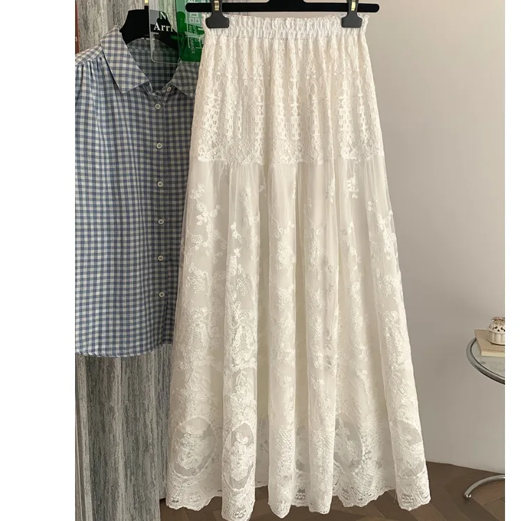 Taille haute dentelle f jupe artistique chinois Sle couleur Pure jupe longue femmes Faion printemps été saison fibre de Polyester