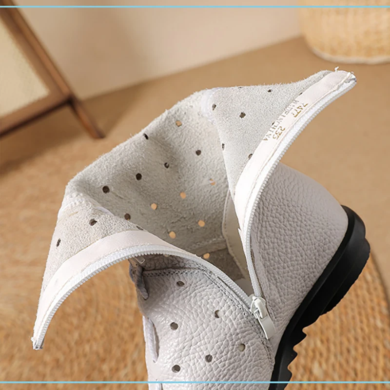 Weiße, halbhohe Damen-Lederstiefel mit Hohlmuster, dünn, atmungsaktiv, weiche Sohle, Obermaterial aus Rindsleder, runde Zehenpartie, seitlicher Reißverschluss – Detail 11