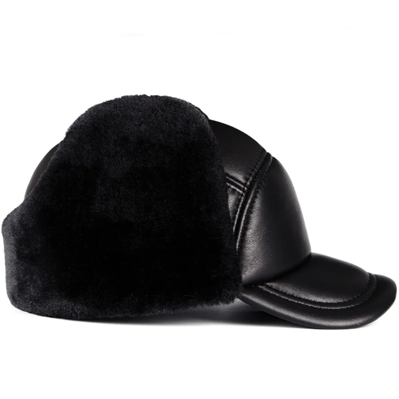 Winter Hat Men Genuine Leather Sheepskin Bomber Hat Earflap Black Warm Thick Ski Snow Windproof Male Russian Hat