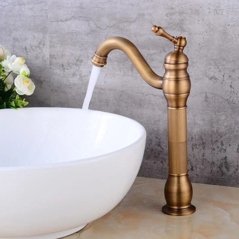 Ceramic Antique Copper Faucet Bathroom 360° Swivel Single Hole Faucet Retro Long Neck Mixing Sink Faucet Matching Pop-up Drain