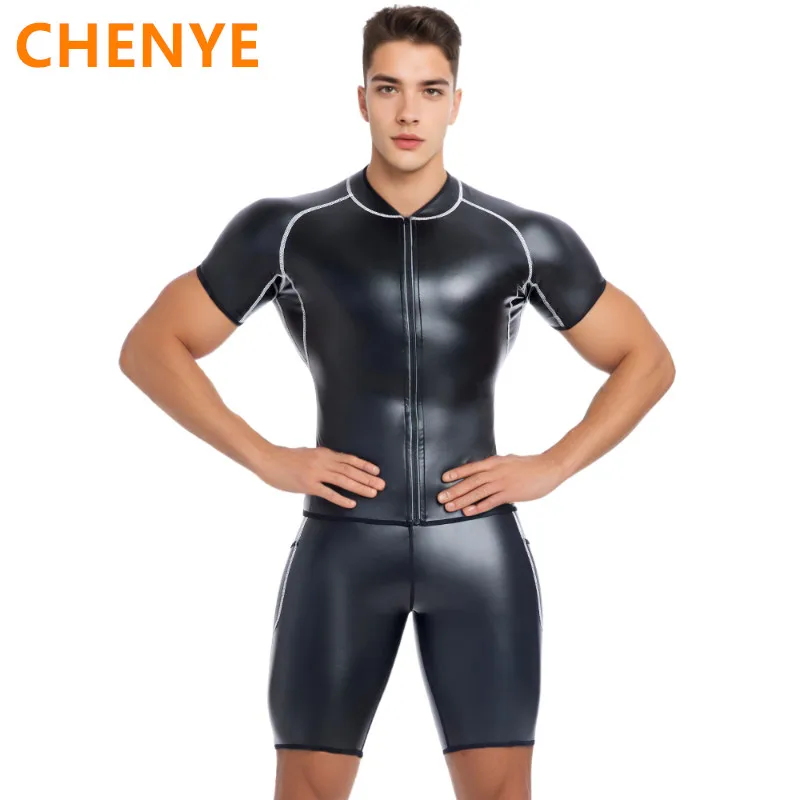 

Мужская рубашка на молнии, топы из искусственной кожи, кожаная куртка, белая линия, рубашка из искусственной кожи с коротким рукавом, мужской формирователь тела, корсеты для тренировки талии