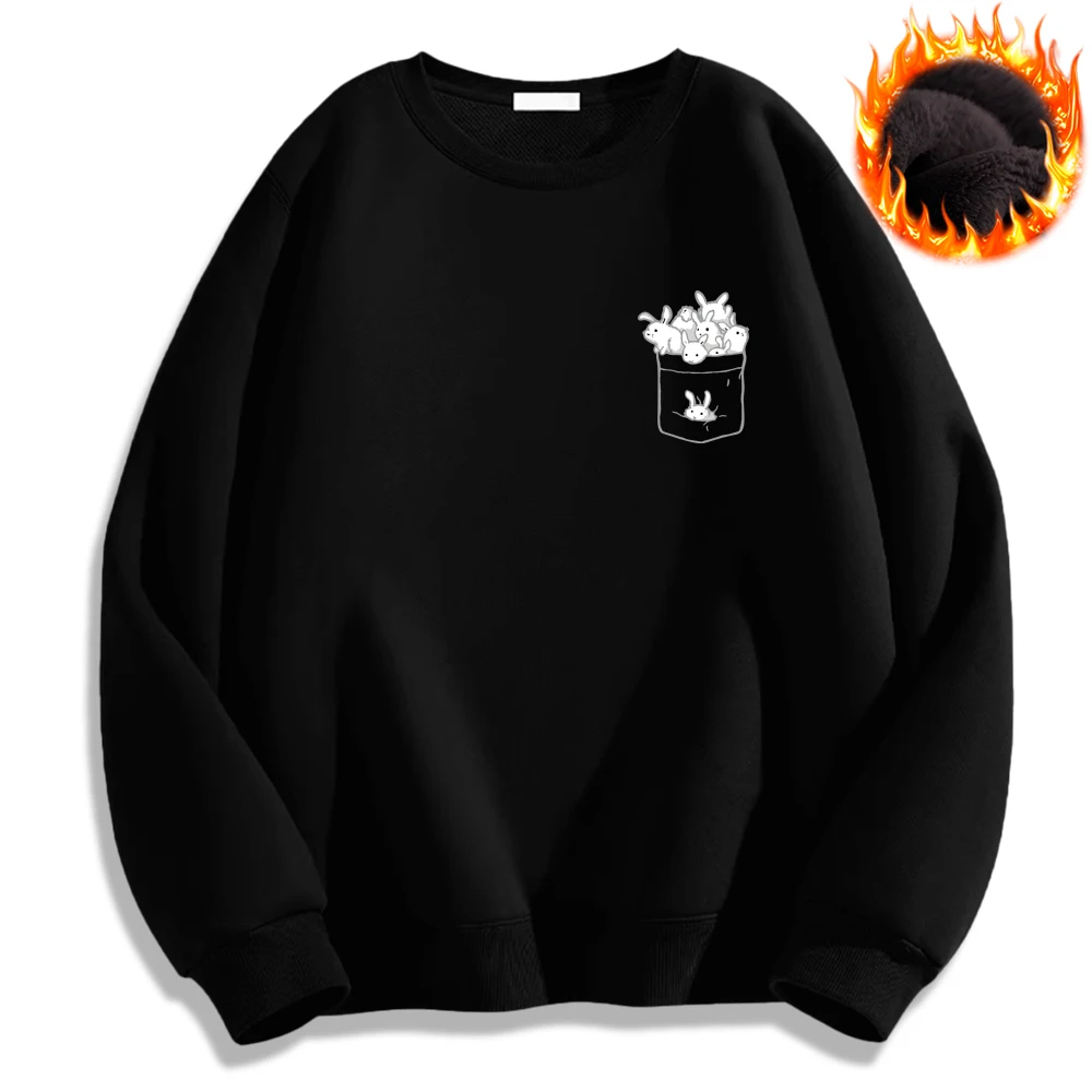 

Rabbit Cartoon Printed Hoodies No Hat Round Neck Pullover Loose Mens Clothing Warm Sweatshirt Men Women Unisex Tops Couple Wear