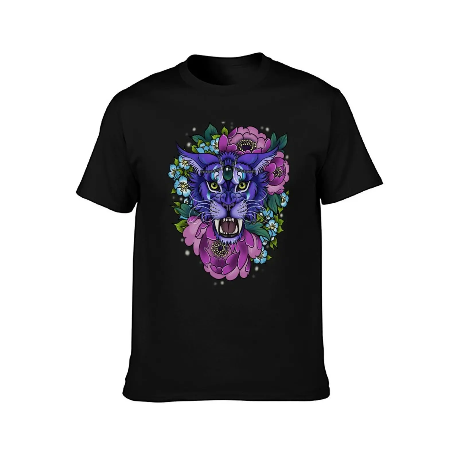 Night elf druid cat portrait with flowers T-Shirt cotton t shirt man T-Shirt