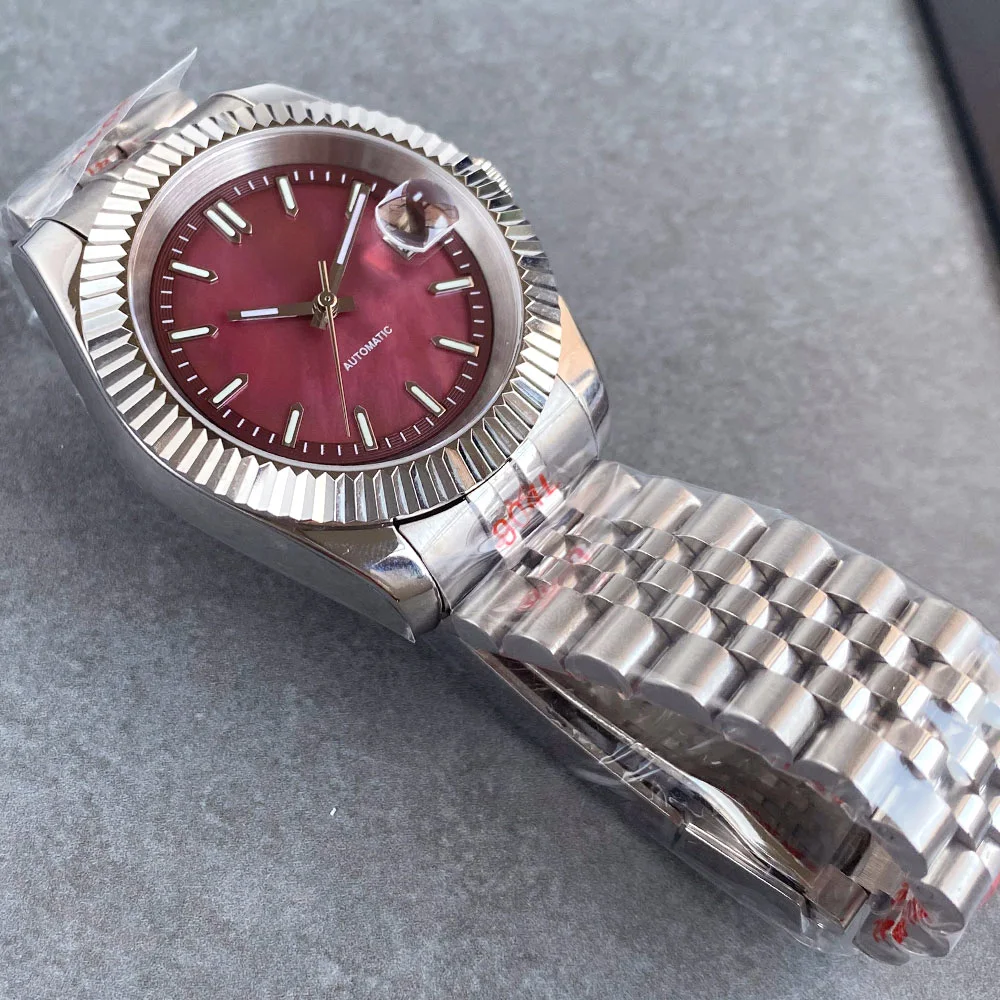 Tandorio 39mm Fixed Fluted Ruby Red Mother of Pearl Green Luminous Dial Automatic NH35A 20ATM Sapphire Mechanical Man Watch