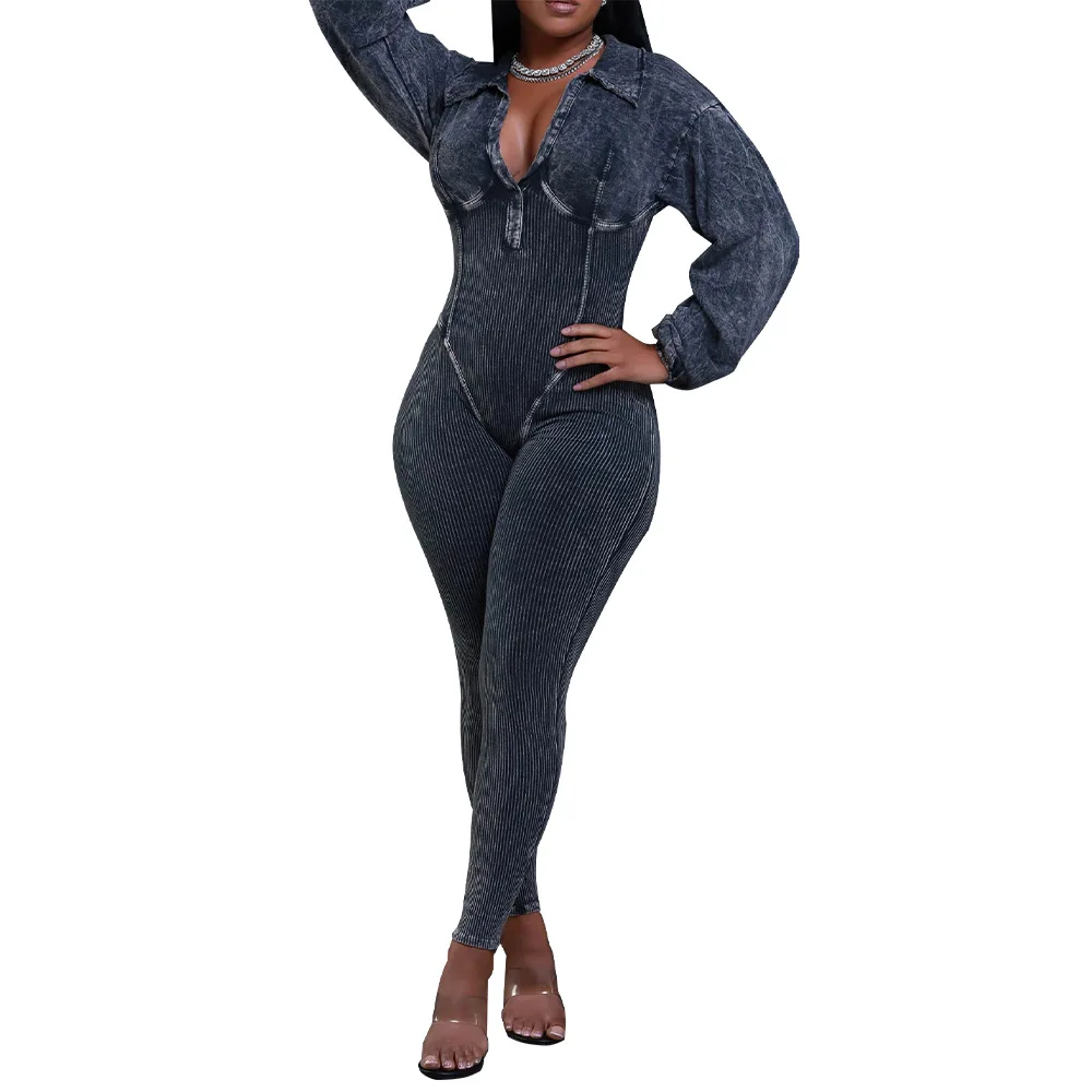Fashion Solid High Quality Ribber Bodycon Jumpsuits Women V Neck Long Sleeve Slim Playsuits Female Elasticity Overalls