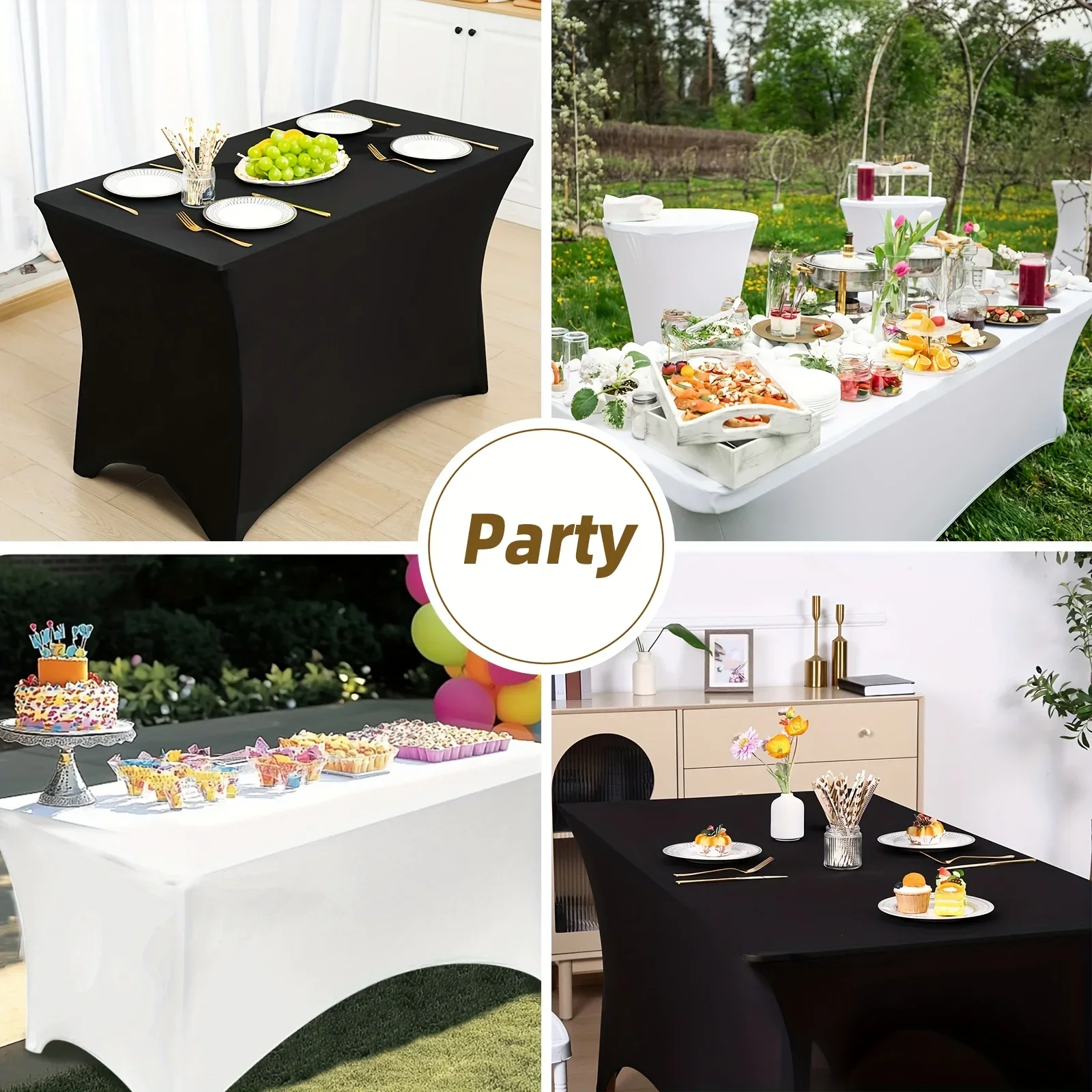 

usTOMNK 2pcs/ 3pcs Spandex Stretch Tablecloths Rectangular 4ft 6ft 8ft Fitted Table Covers Black White Wrinkle Resistant Table Cloths for Wedding Banquet Trade Shows Bridal Shower Graduation Party Mother's Day Decorationd