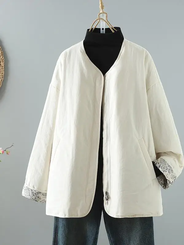 유니크 레트로 한국 일본풍 면 재킷 여성 캐주얼 라운드 넥 롱 슬리브 지퍼 슬레 패셔너블 출퇴근 아우터웨어