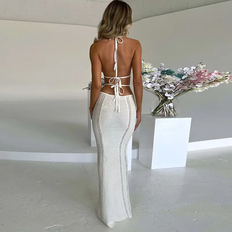 Robe tricotée en perspective creuse pour femmes, jupe de longueur moyenne, col en V sexy, dos nu, fente taille haute, jupe de plage irrégulière