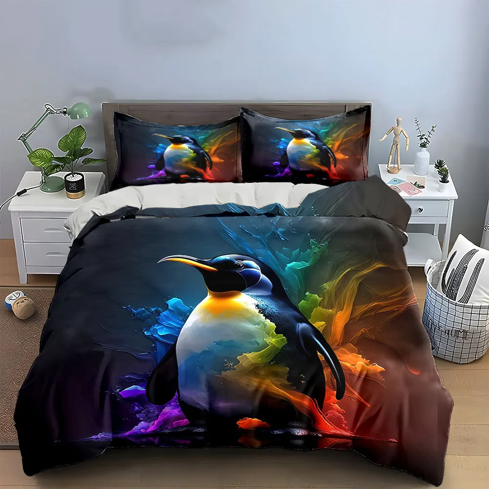 Colorful Penguin Artwork Set Bedding Set with 1 Duvet Cover 2 Pillowcases Single Double King Queen, Gift