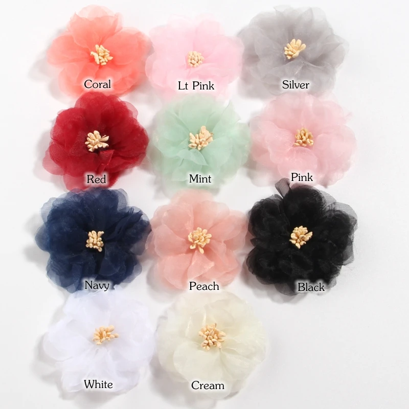 20PCS 6CM 2.3" New Chiffon Artificial Flowers For Hair Accessories Handmade Fabric Flowers For Headbands Wedding Craft Project