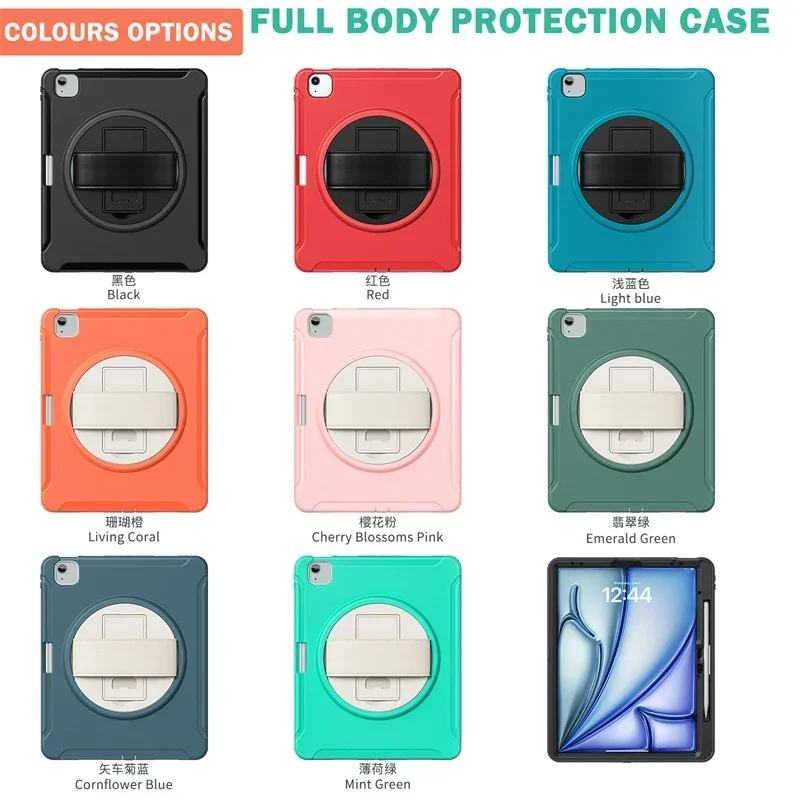 For IPad Mini 7 8.3" A17 Pro 11 12.9 Air 10.9 13 inch M2 M3 M4 M5 Shockproof Silicon PC Tablet Case Hand Strap Stand Armor Funda 2