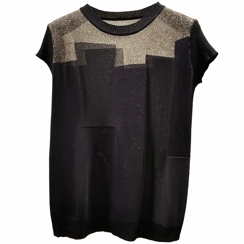 2024 Korean O-neck Short Sleeve Knitted Tops Patchwork Ice Silk Blusas Women Pullover Fashion Thin Blouse Mujer De Moda 8796