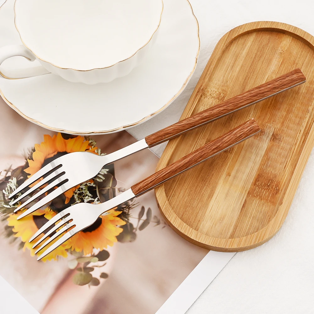 Brown Silver Dinnerware Set Imitation Wooden Handle Cutlery Set Mirror Stainless Steel Steak Knife Dessert Fork Spoon Tableware