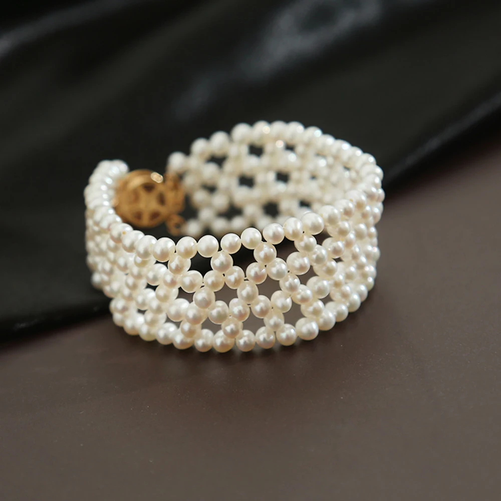 

16cm Hand Woven Delicate Multi Layer Akoya Pearl Luxury Exaggerated Hollow Bracelet with 925 Sterling Silver Clasp Free Shipping