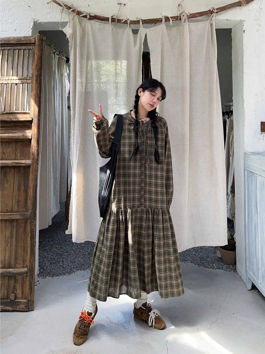 

Женское винтажное платье больших размеров в клетку с длинным рукавом, повседневное свободное платье-бэбидолл, осенне-зимнее модное длинное платье, юбка-торт, круглый вырез