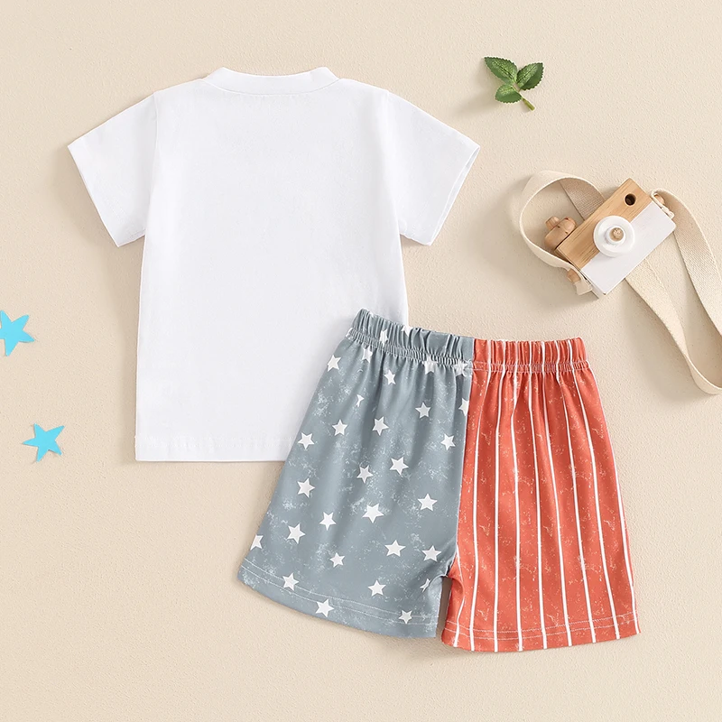 Toddler Boy 4th of July Outfit Letter Print Short Sleeve T-Shirt with Star Stripe Shorts for Independence Day