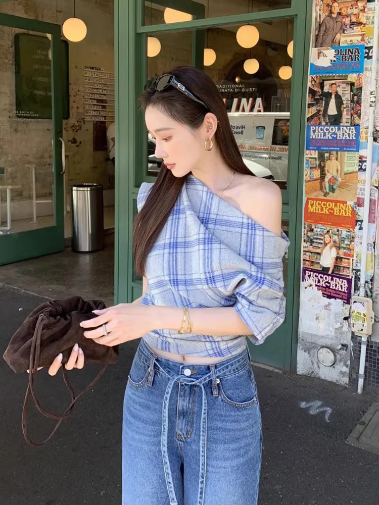 Chic Summer ort Women's irt Slim Fit Plaid Design Sensation Retro Color Blo oulder Design Cotton Commute Sle