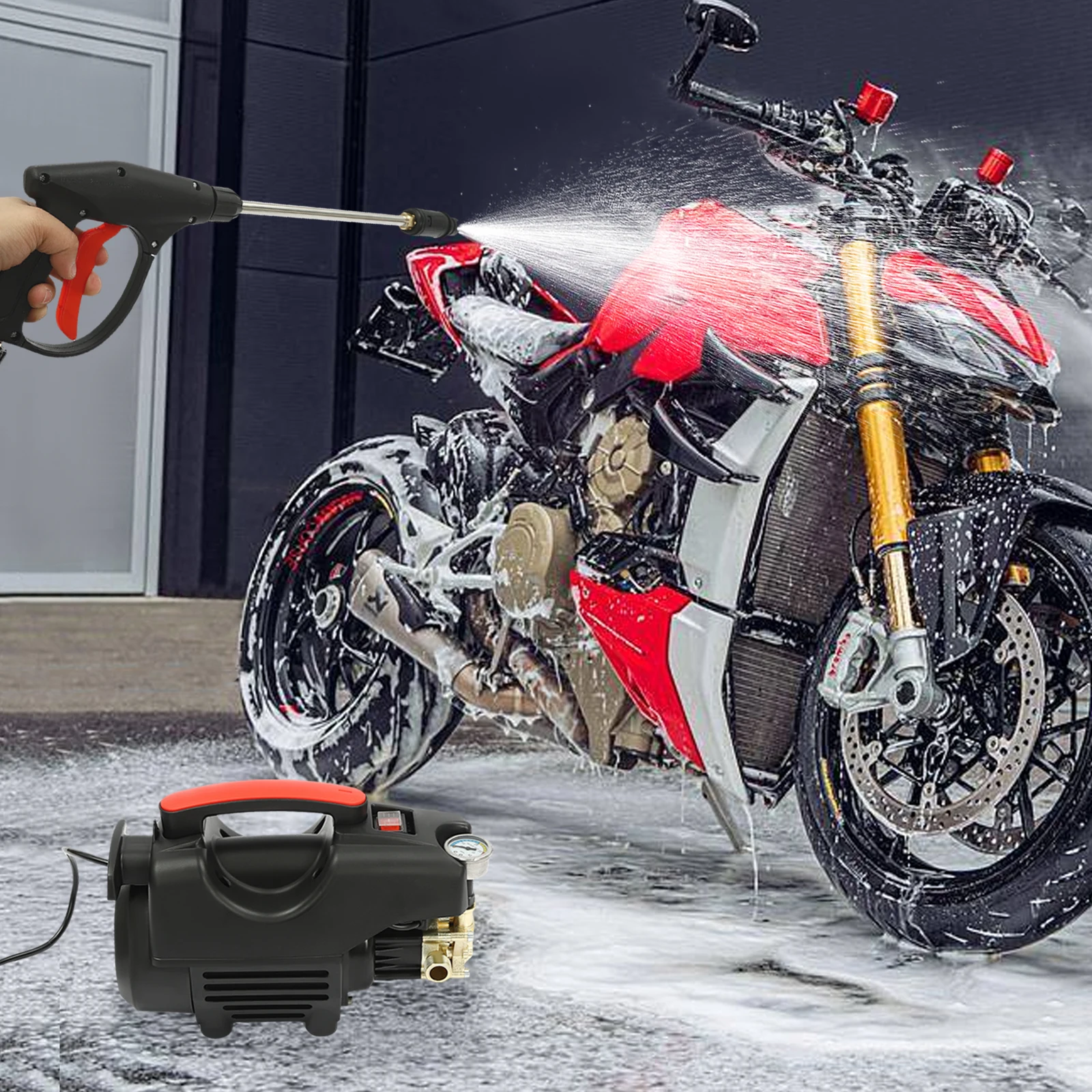 High Pressure Washer (Long Gun + 10m Hose + Copper Inlet/Outlet Fittings) - Portable Car Cleaning Machine for Home Use