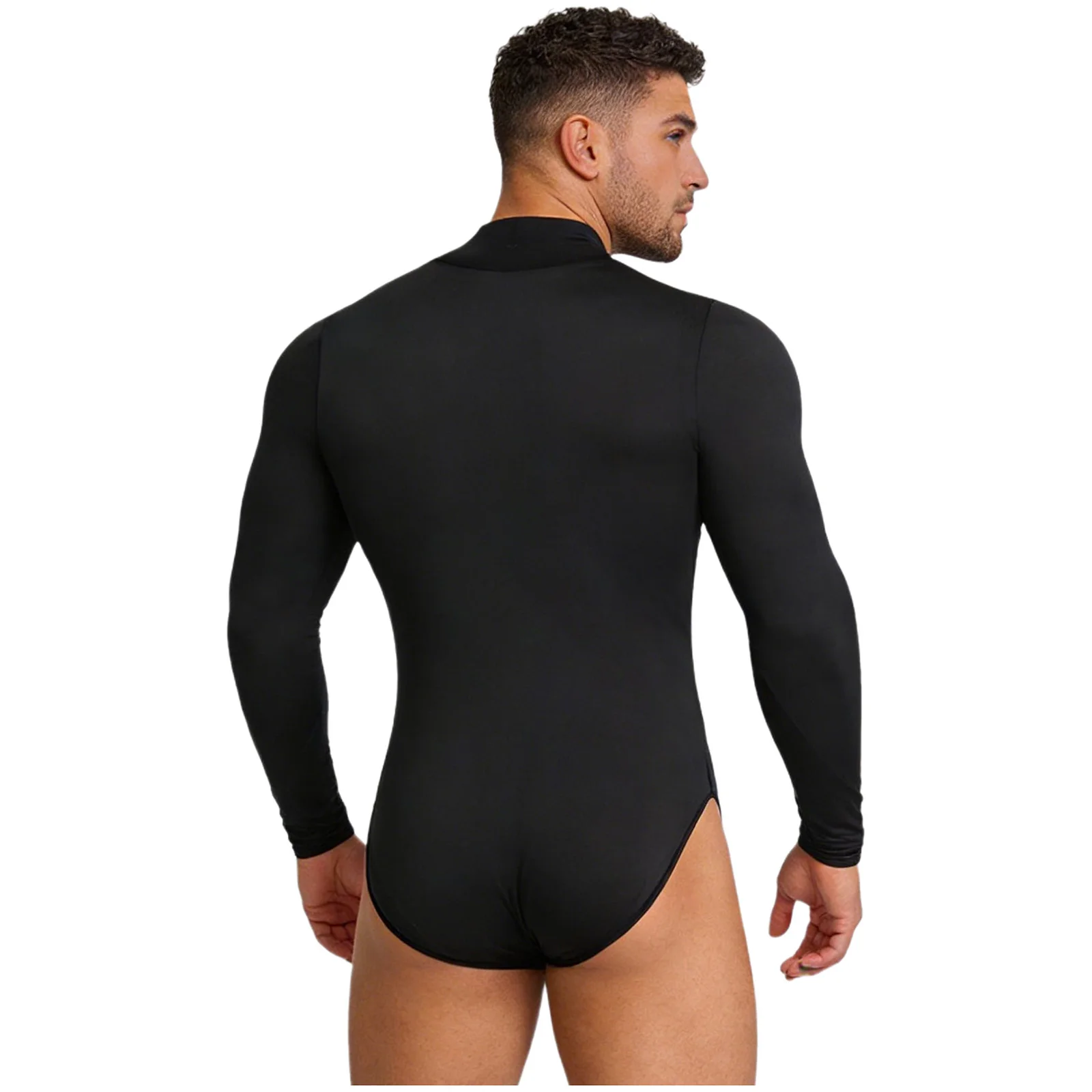 Mens One Piece Bodysuit Swimsuit Mock Neck Long Sleeve Buttoned Crotch Solid Color Leotard Jumpsuit Rompers Yoga Fitness