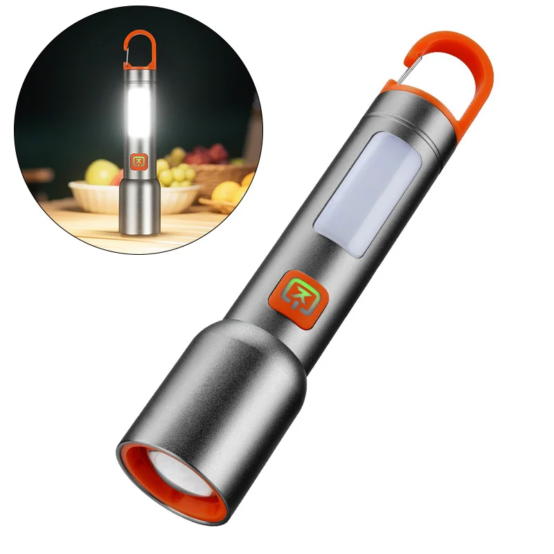 

Strong Light Zoom LED Flashlight White/Yellow/blue Lighting Torch USB Rechargeable Portable Camping Lamp with Hook