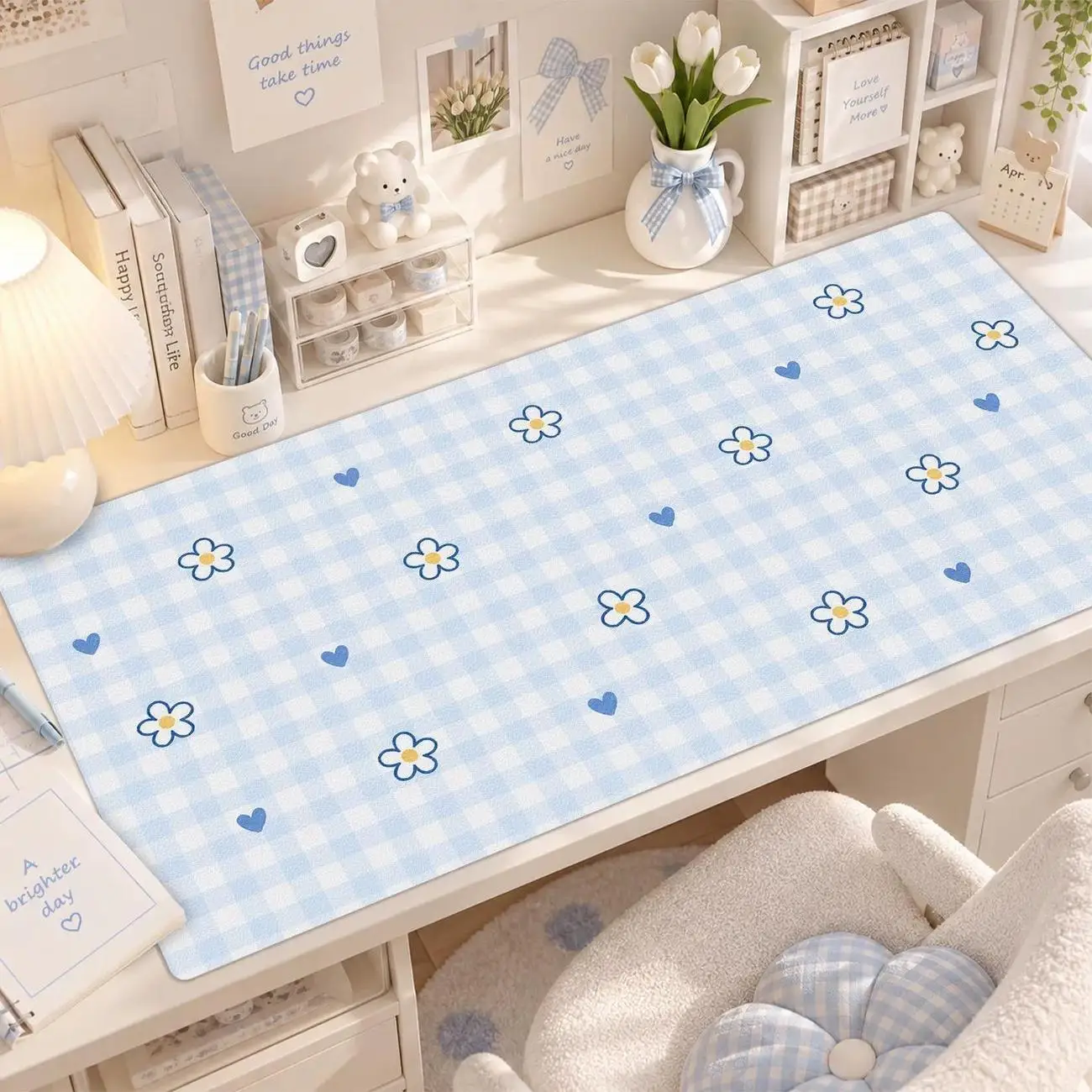 Light Blue Cherry Bow PU Leather Mouse Pad Cute Cartoon Game Keyboard Pa Fresh Computer Deskpad 90x40cm Gradient Color Mouse Mat