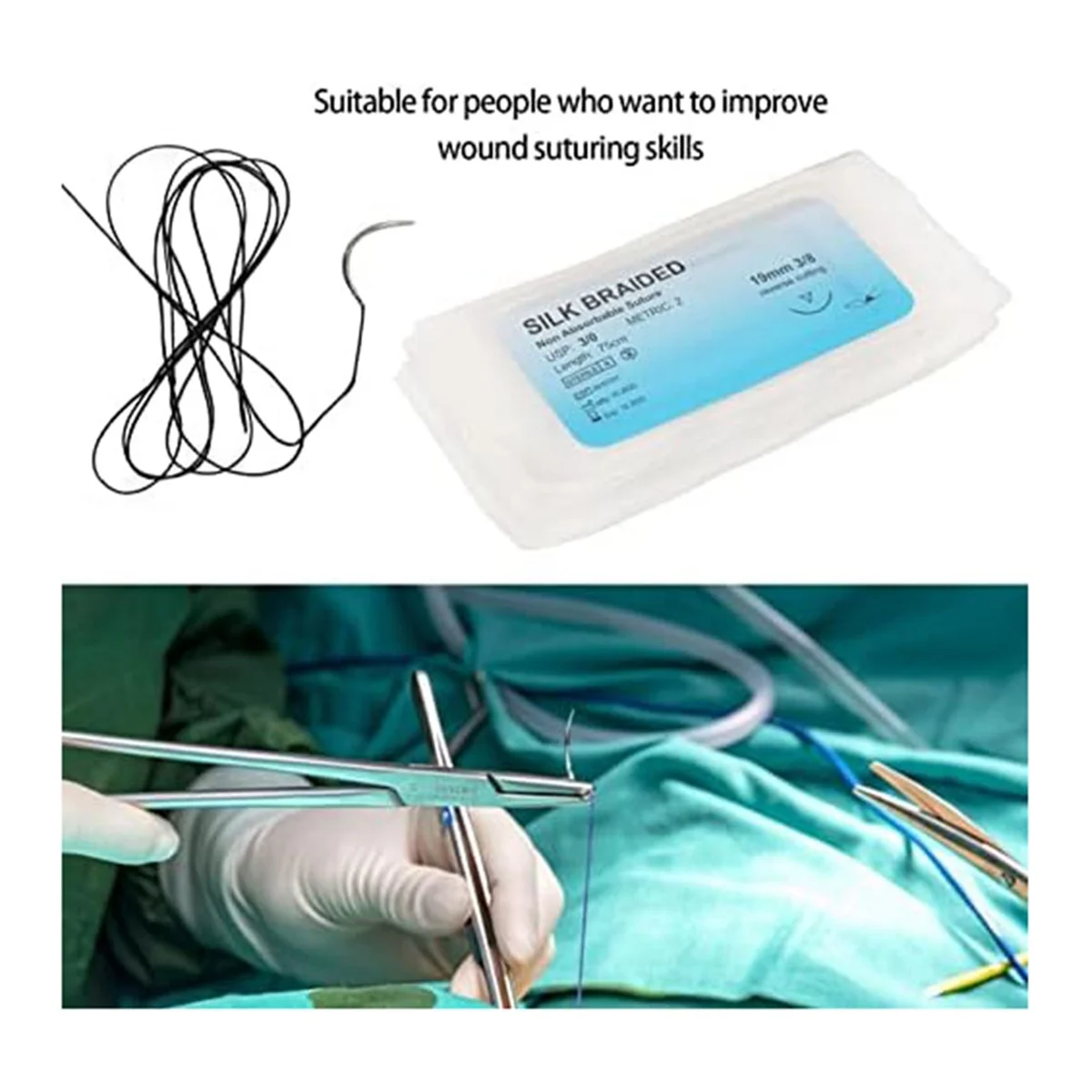 12Pcs Suture Set, Silk Thread Suturing Kit with CurvedNeedle Wound Suture Practice Thread for Clinic for Veterinary