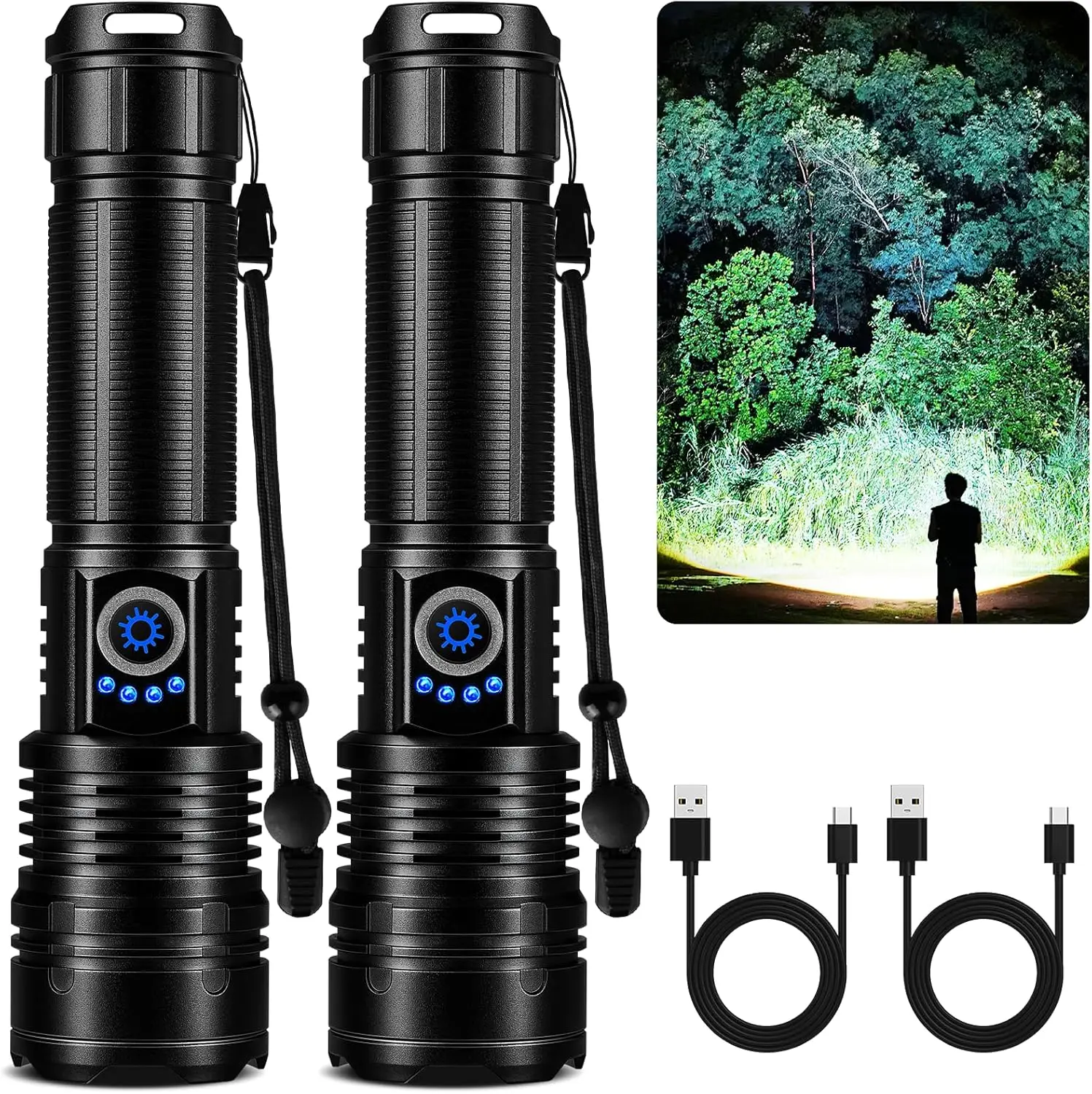 

Rechargeable Flashlight 99,000 Lumen, 2-Pack Super Bright LED Flashlights with 5 Modes, IPX7 Waterproof, 15H Battery Life for Ou