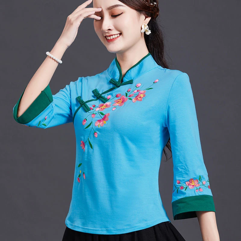 Ethnic Style Embroidered Shirt Qipao Cheongsam Tops Traditional Chinese Clothing For Women Fashion Bracelet Sleeve Hanfu Modern
