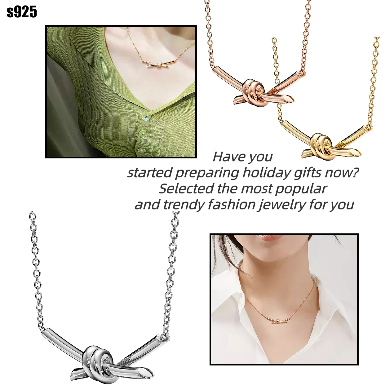

S925 Pure Silver 18K Rose Gold Knot Necklace, Personalized & Versatile
