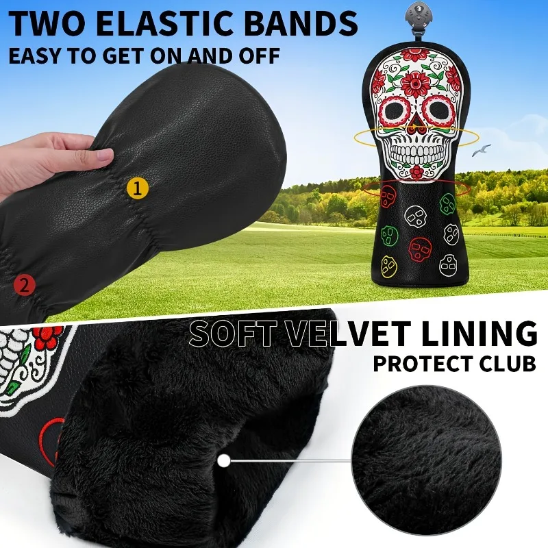 Golf Club Protective Cover - Black PU Material, White Skull and Red Flower Pattern, Multi Color Denomination and Eye Design image 5