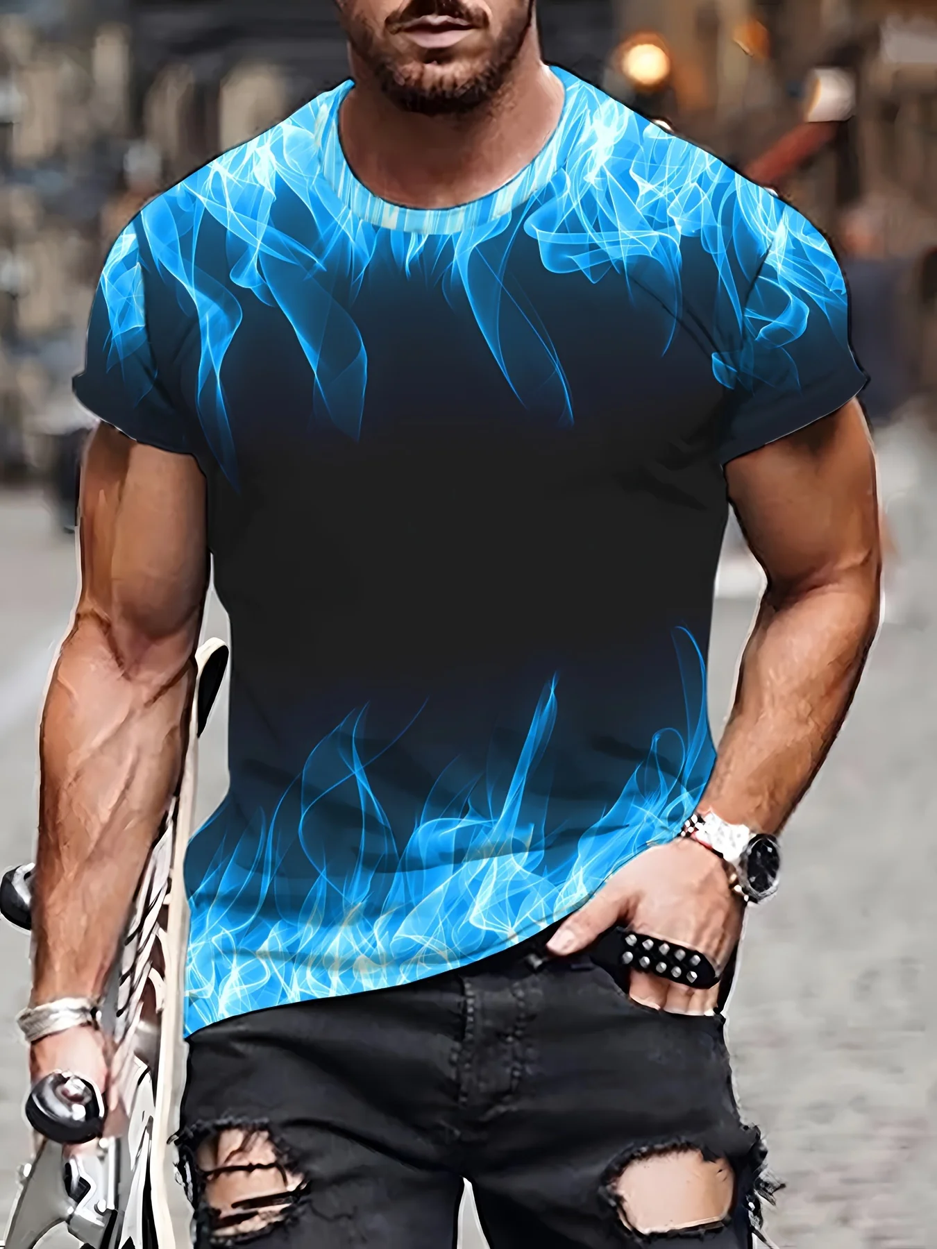 One Summer Essential 3D Blue Flame Printed T-Shirt Vibrant Graphic Tee Daily Wear Casual for Outdoor Activities Summer Vacations