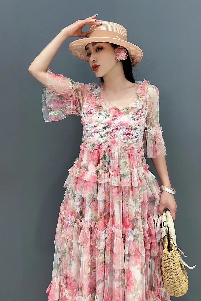 Vefadisa 2024 Summer New Ladies Pink Dress Pleated splicing Flare Sleeve Dress Patchwork folds Women Dress HLX285