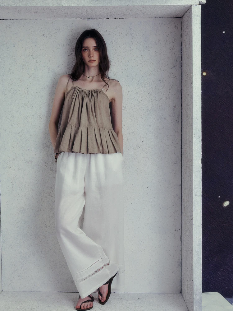 

INGE Long Pants Embroidered Czech Stone Linen Elastic Waist Breathable Versatile Straight Leg High Waist Wide Leg Summ...