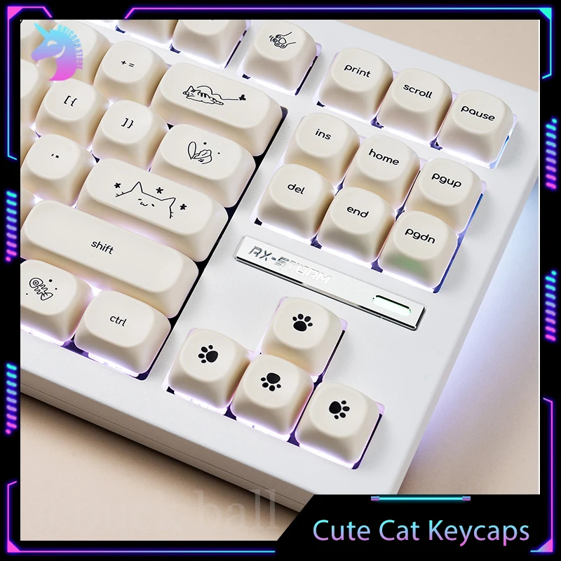 Imagem -02 - Cão Bonito e Gato Tema Keycaps Grupo Keycaps Redondos 129 Chaves Kawaii Pbt Moa Perfil Game Keycap Acessórios Teclado Mecânico