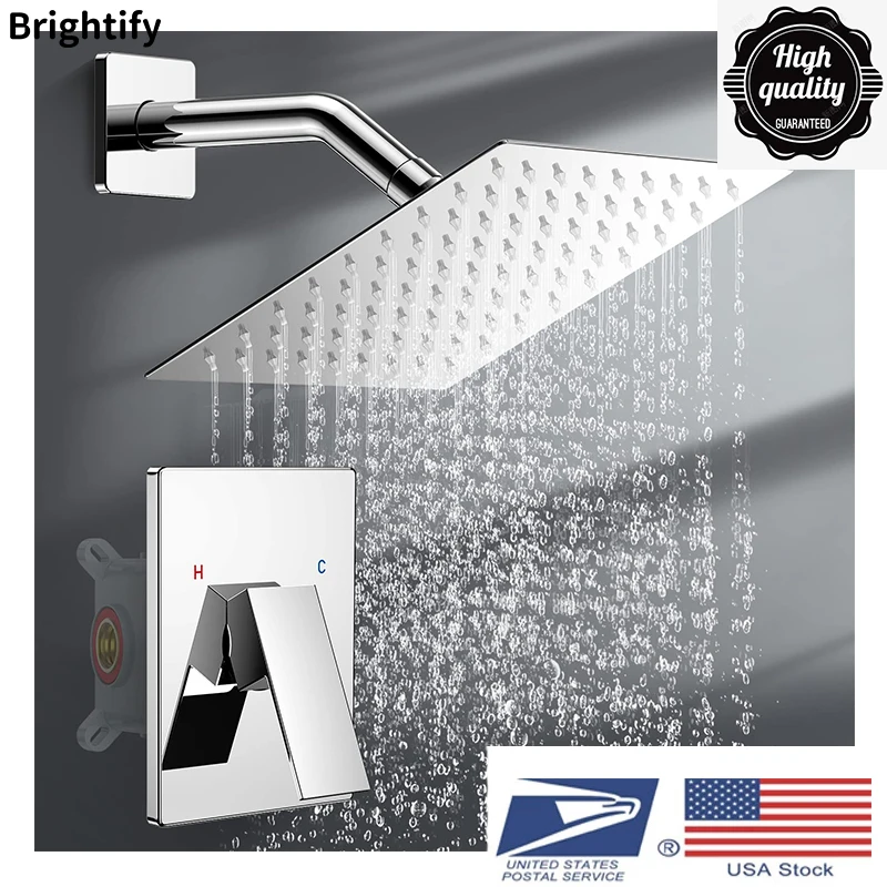 Shower Faucet Set 8in Pressure Balance Valve kit Rainfall Shower Head Stainless Steel Rough-in Valve Polished Chrome