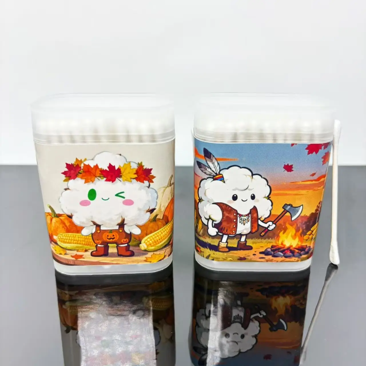 200Pcs/400Pcs Thanksgiving Themed Double-Ended White Cotton Swabs with Round Spoon Creative Thanksgiving Elements Cotton Swabs