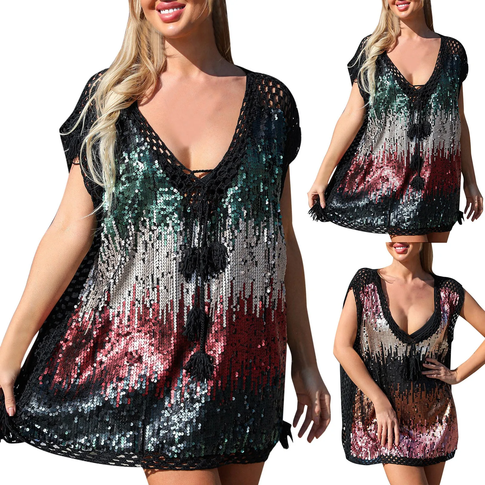 Plus Size Dresses For Curvy Women Gradient Color Short Sleeve V Neck Lace Up Loose Sequin Dress For Women Black Dress For Women