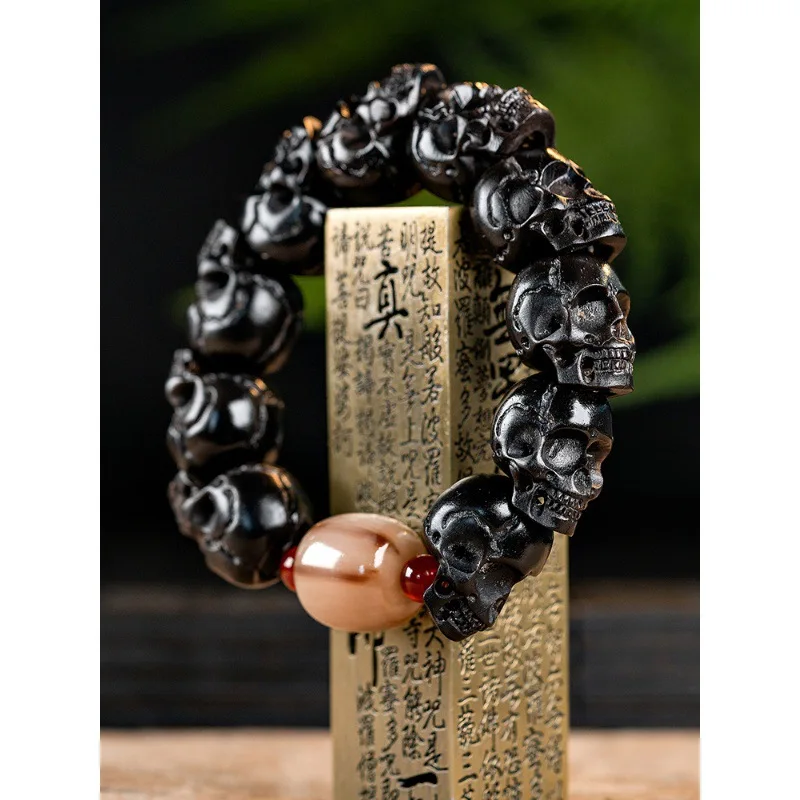 Tibetan-style natural carved skull bracelet, authentic old material, black yak horn, Buddhist prayer beads for men