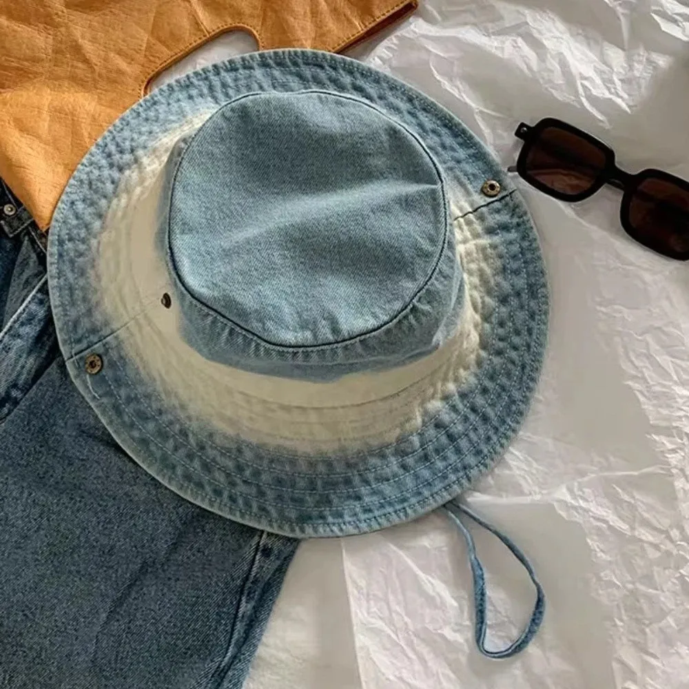 

Water-washed tie-dye Vintage Washed Denim Hat Drawstring Adjustable Wide Brim Fisherman Hat Windproof Sunscreen Sun Hats