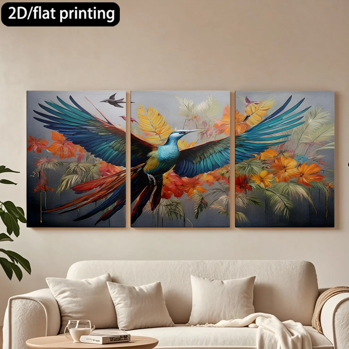 

Набор из 3 картин на холсте в деревянной раме: Птица в полете, тропические цветы. Декор для коридора и спальни.