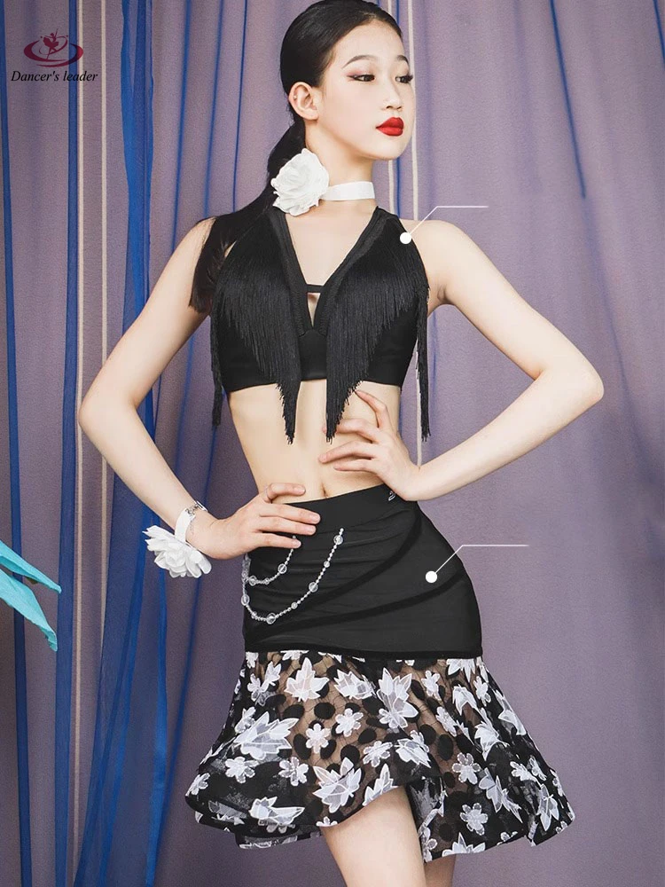 

Latin Dance Dress Back Top Printed Fishbone Skirt Thin Training Clothes Chacha Tango Stage Professional Clothing