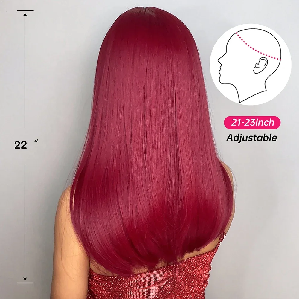 Wine Red Burgundy Straight Synthetic Bangs Cosplay Party Long Hair Women Natural Heat Resistant Fiber Wigs