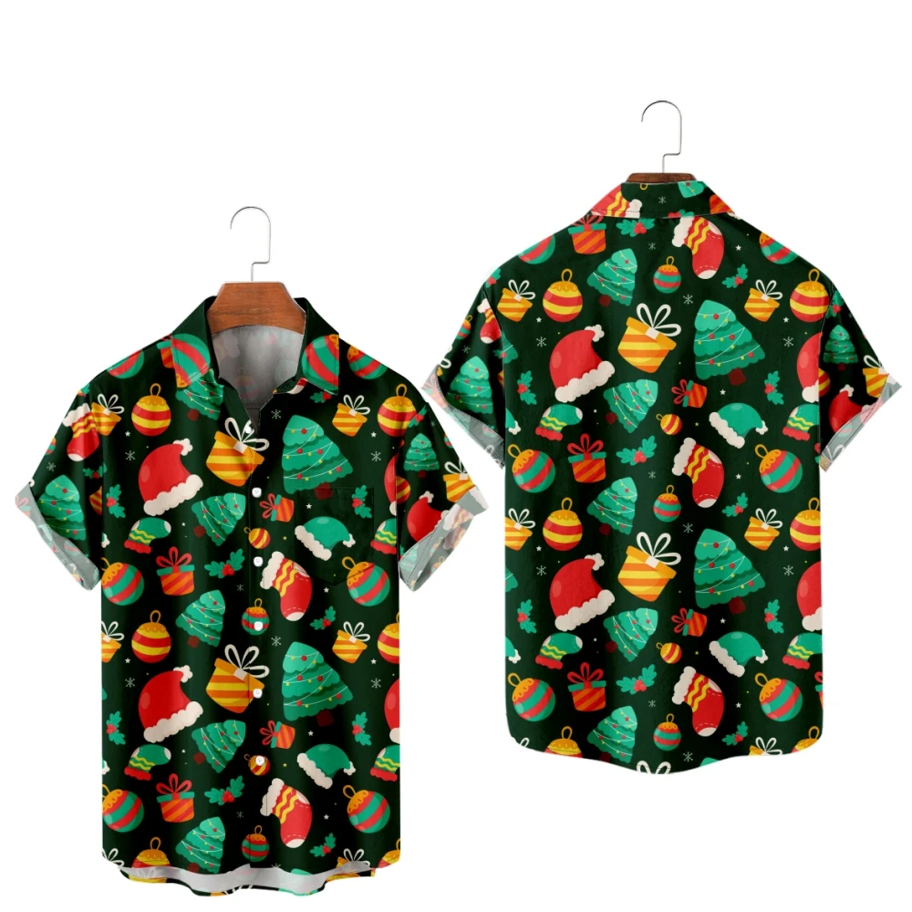 

Hawaiian Shirts for Men Santa's Hat Christmas Trees Print Short Sleeve Shirts Hawaii Summer Beach Vacation Tops Breathable