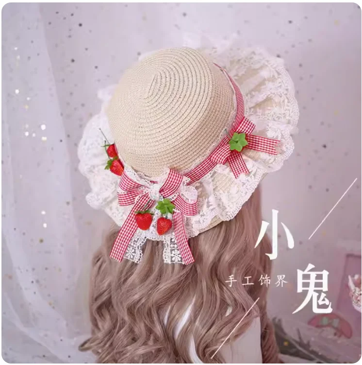 หวาน Kawaii สตรอเบอร์รี่ลูกไม้ Lolita KC Headband ญี่ปุ่นสาวนุ่ม Pastoral ฟางหมวกหมวก Hairpin คอสเพลย์อุปกรณ์เสริมผม