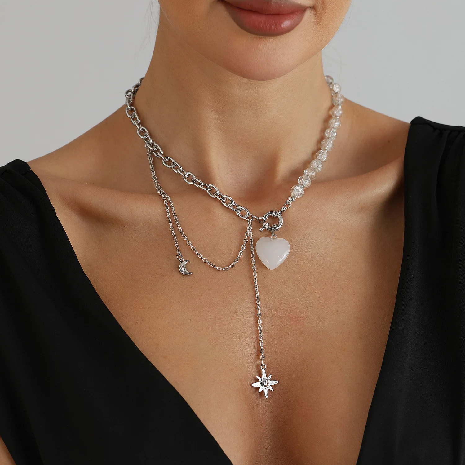 Y2K Splice Crystal Sweet Cool Spicy Girl Style Heart Fringed Six Pointed Star Pendant  Necklace for Women's Metal Trendy Jewelry